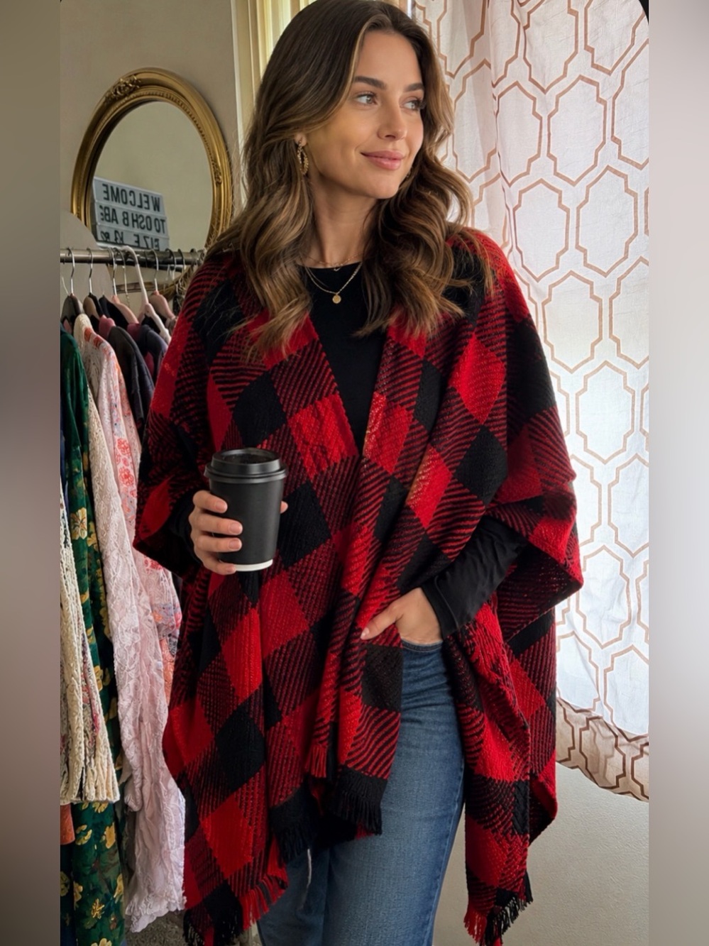 🧣LOFT Red and Black Plaid Shawl